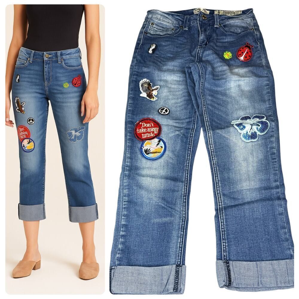 Indigo Rein Crop Jeans w/ Embroidered Patches | Y2K Boho | Size 5